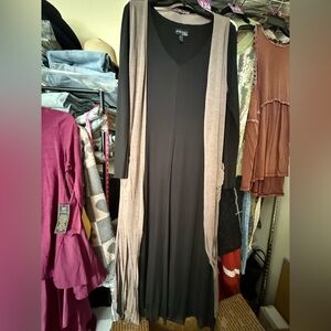 Attitudes by Renee Black Dress with Beige Fringe Vest